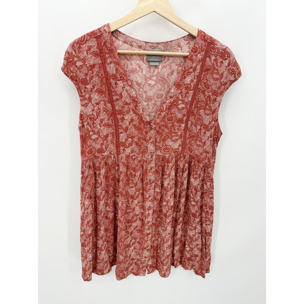 Anthropologie Vanessa Virginia Shirt Women XS Pink Cream Printed Cap Sleeve
